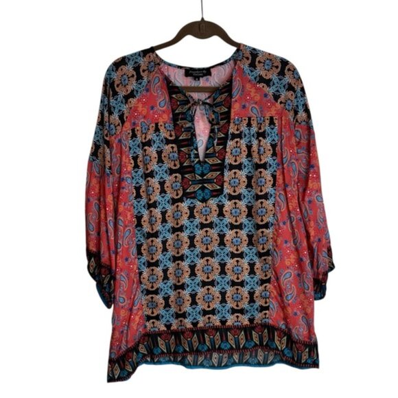 Tolani Tops - Feathers by Tolani Women's Medium Multicolour Bohemian Top Tunic Tie V-neck